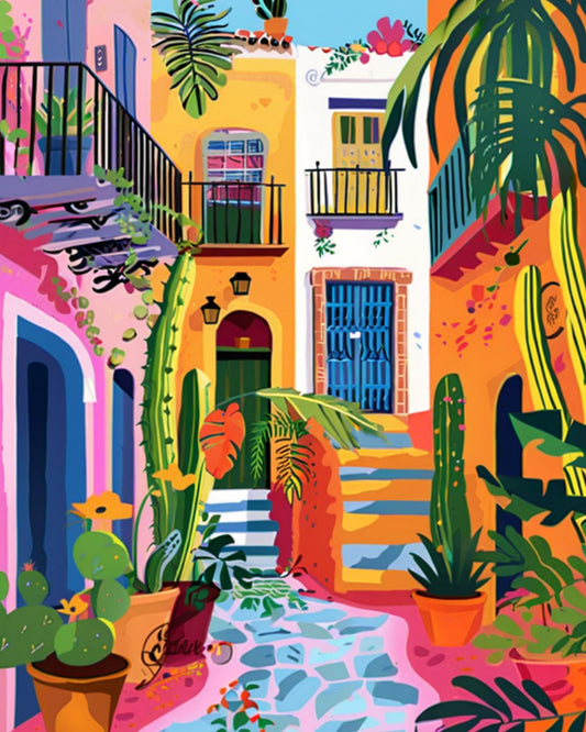 Colorful Cactus Courtyard - 40x50 cm