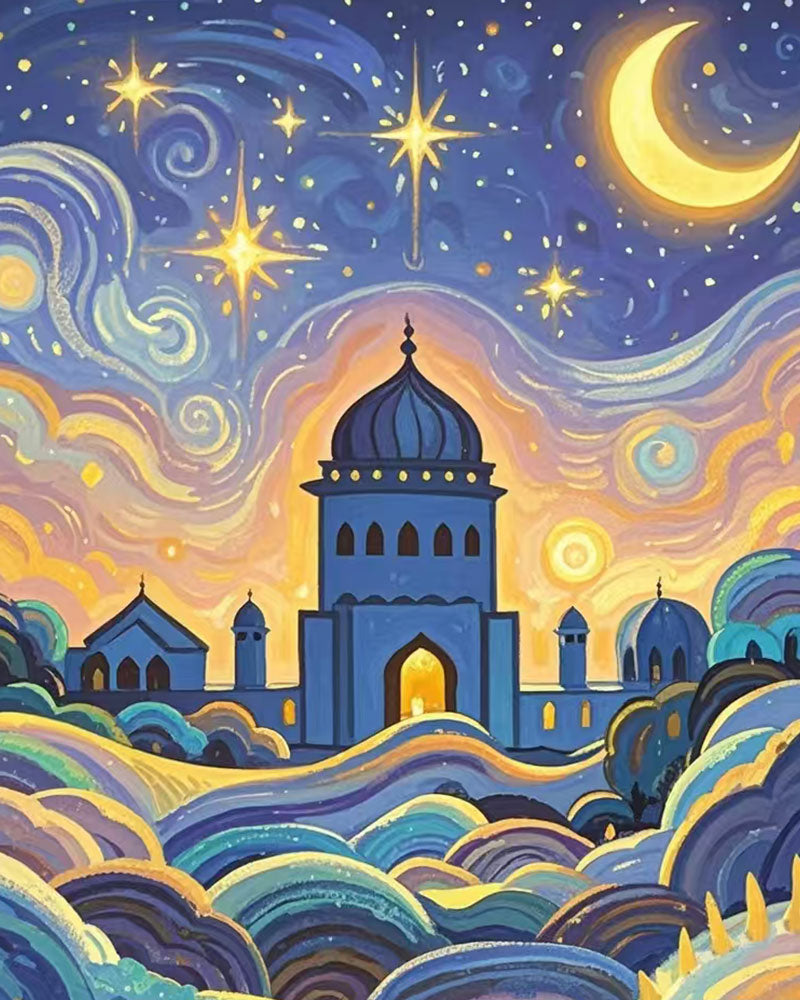Mosque against a starry night sky with a crescent moon.