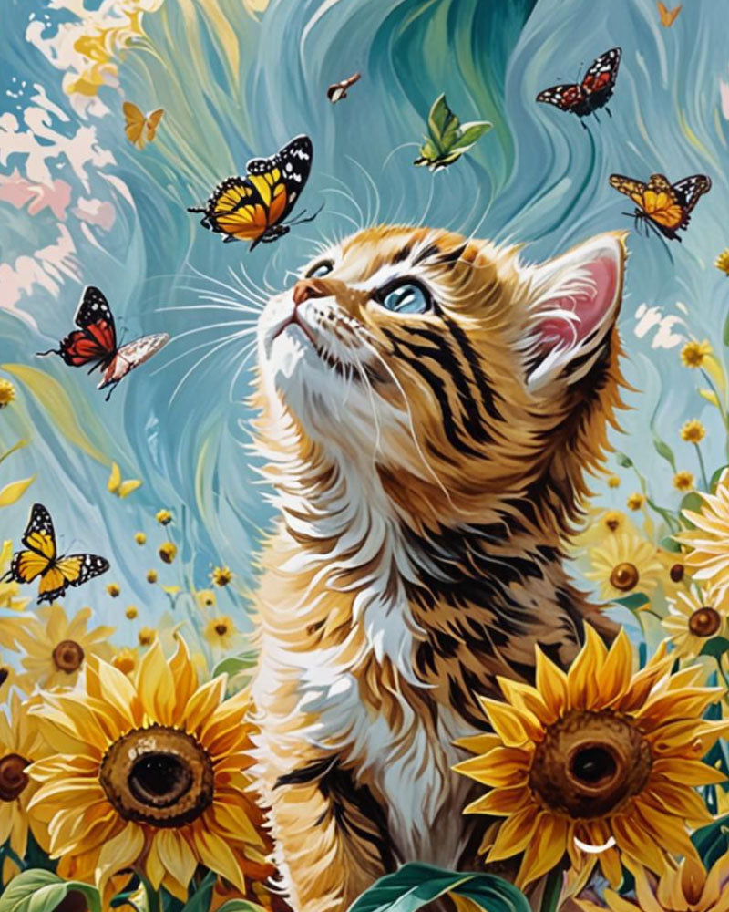 Curious Kitten and Sunflowers - 40x50 cm