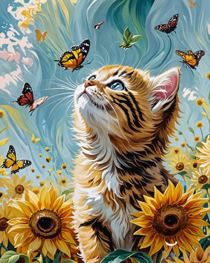 Curious Kitten and Sunflowers - 40x50 cm