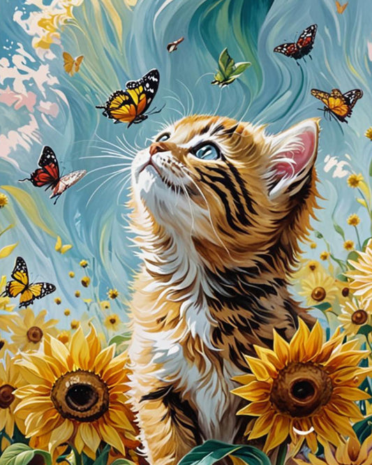 Curious Kitten and Sunflowers - 40x50 cm