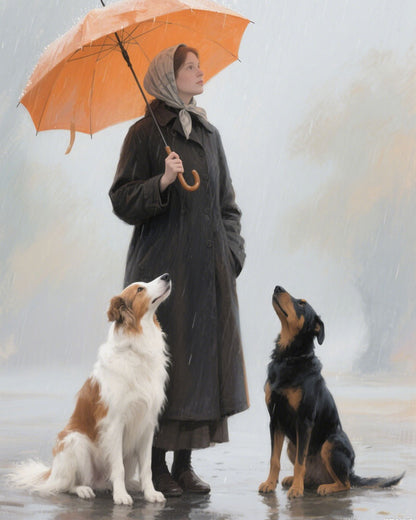 Woman with Dogs in Rain - 40x50 cm