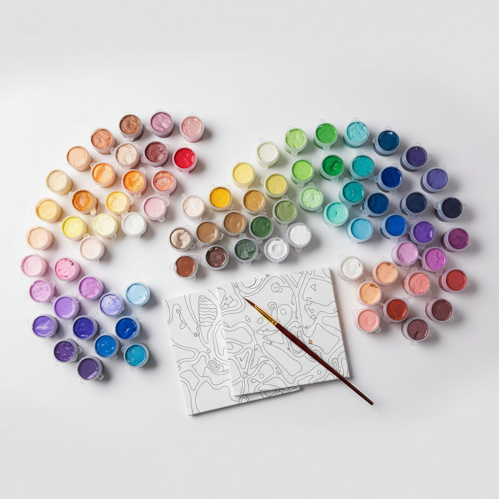 Colourful replacement paint pots arranged as three palette options beside paint-by-number sections