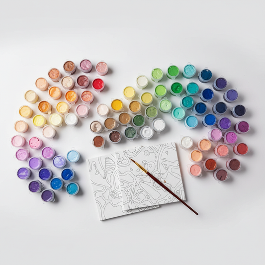 Colourful replacement paint pots arranged as three palette options beside paint-by-number sections